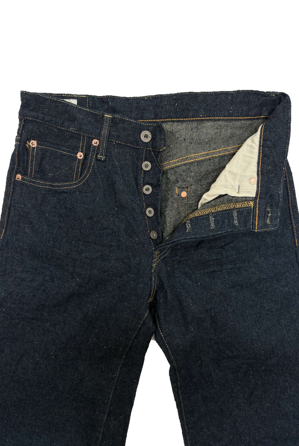 ONI200CCD-GOLV 15oz Crushed Concrete Denim Weft: Grayish Olive Kabuki Selvedge Wide Straight