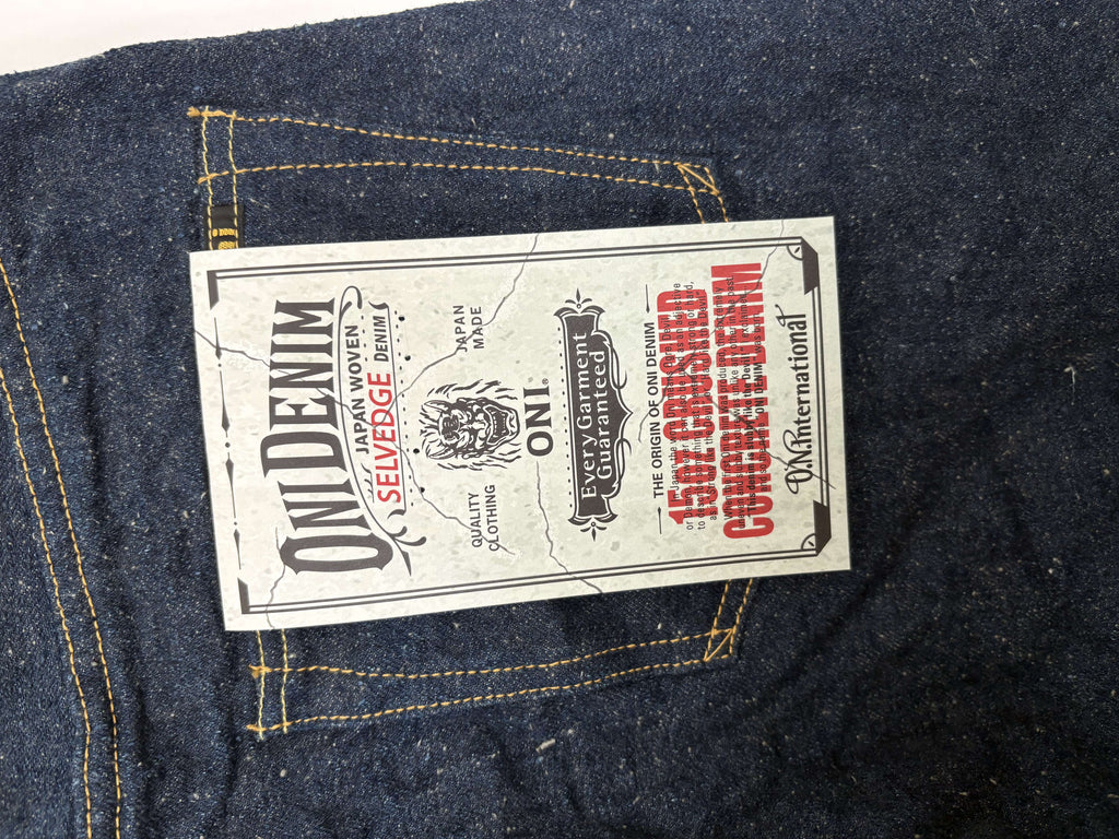 ONI200CCD-GOLV 15oz Crushed Concrete Denim Weft: Grayish Olive Kabuki Selvedge Wide Straight