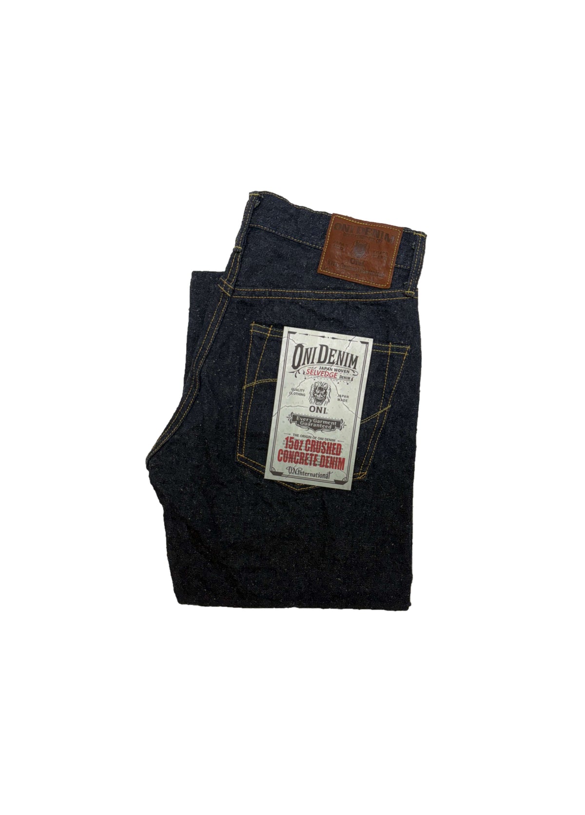 ONI288CCD-GOLV 15oz Crushed Concrete Denim Weft: Grayish Olive Kabuki Selvedge Regular Straight