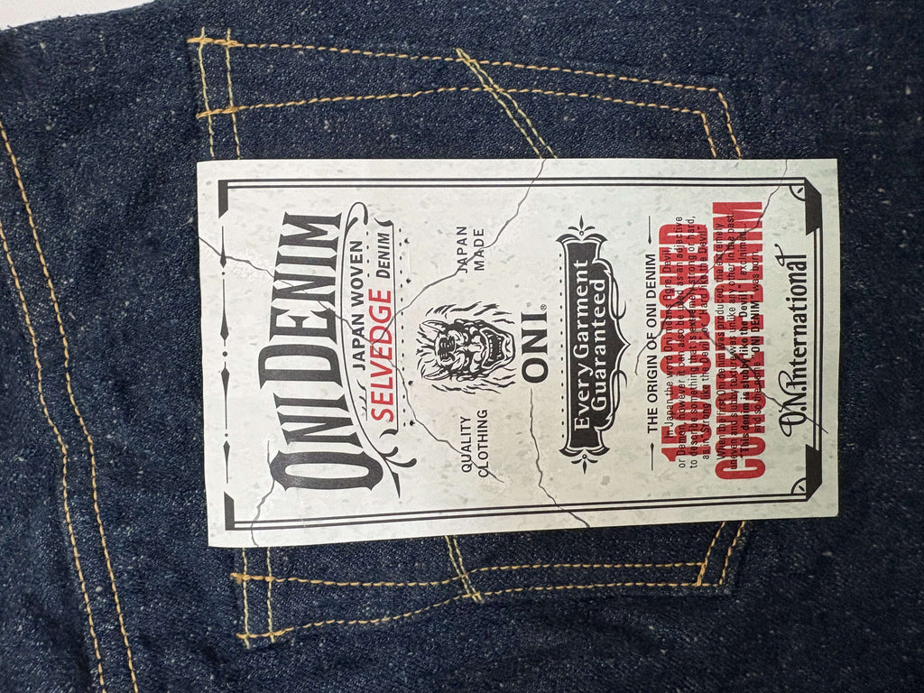 ONI622CCD-GOLV 15oz Crushed Concrete Denim Weft: Grayish Olive Kabuki Selvedge Relax Tapered