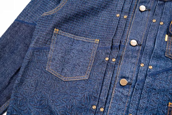 GZ-ENGJ-0609 Embossed Denim Patchwork Jacket,INDIGO, medium image number 7