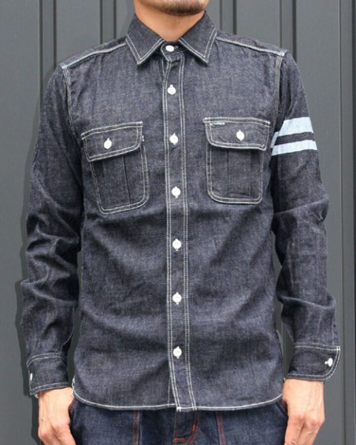 Momotaro Jeans SJ091D Going to Battle Label8oz Deep Colored denim work shirt (&nbsp;Going to Battle Label8oz Deep Colored denim work shirt),, medium image number 0