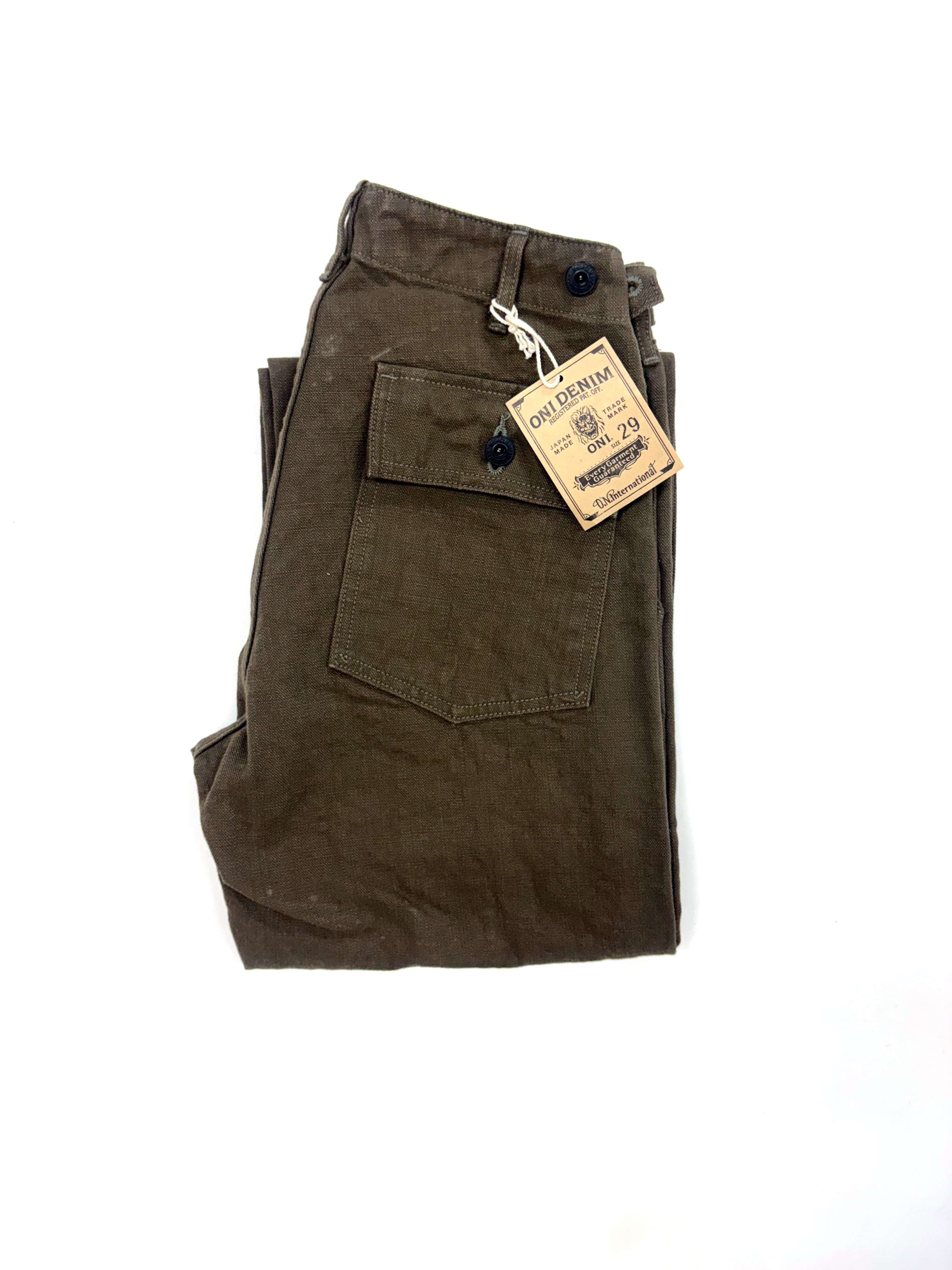 BMサ18◯●oliveページ●◯ DENIMIO | ONI207-HOX-OLB 13oz Sulfur dye Heavy Oxford Olive Brown