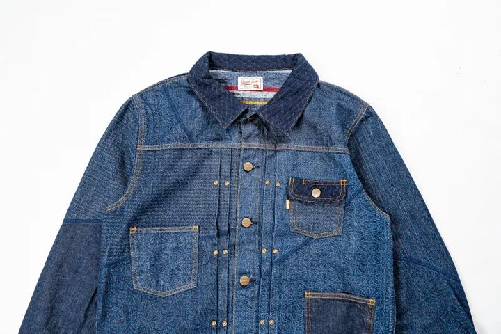 GZ-ENGJ-0609 Embossed Denim Patchwork Jacket,INDIGO, medium image number 2