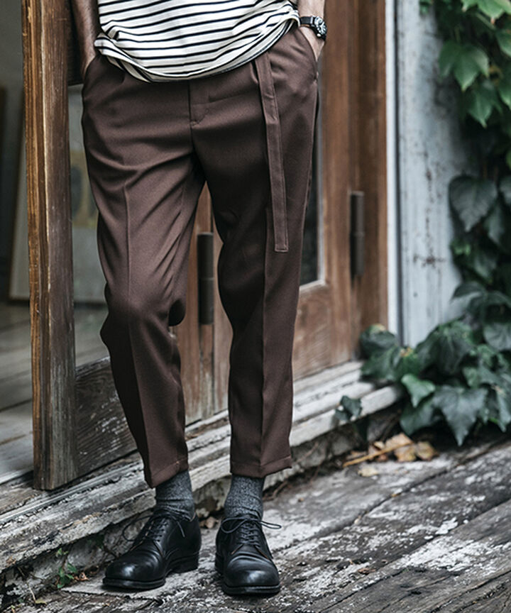 M-19101  / RETRO POLYESTER TWILL / BELTED WIDE TAPERED PANTS,BROWN, medium image number 16