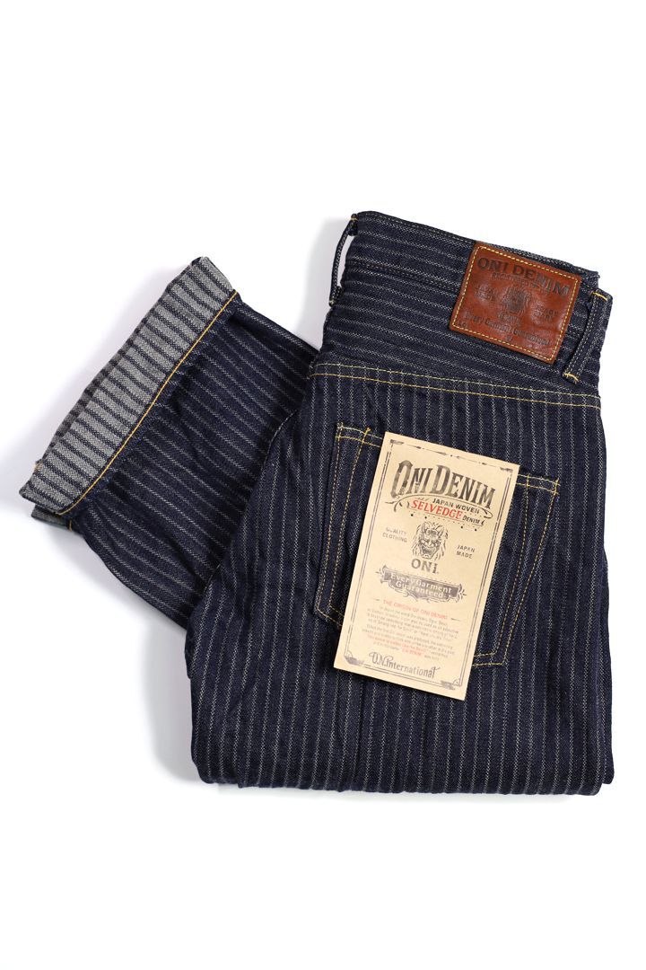 ONI022 HJS Drop Needle Stitching Jacquard Striped Denim Relax Straght One Wash 33