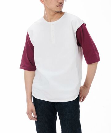 MTS0130M31 HENRY NECK BASEBALL HALF SLEEVE T-SHIRT-WHITE / BURGUNDY-L,WHITE / BURGUNDY, small image number 5